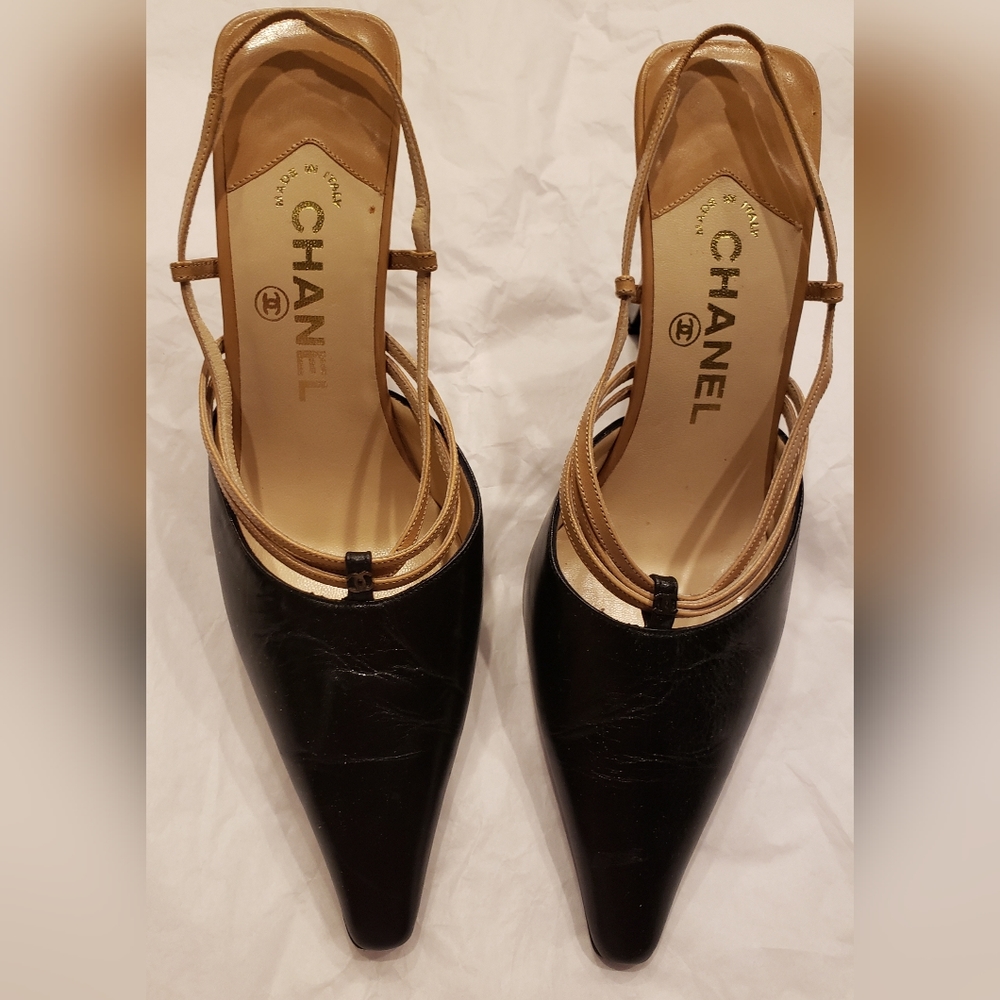 USED Chanel Shoes with Curved high Heels. Size 6.5